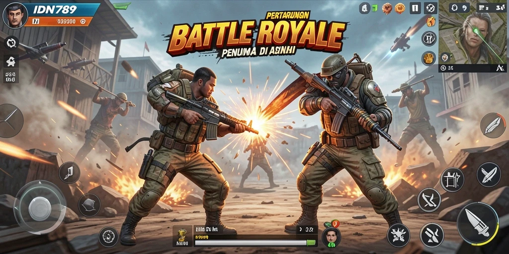 Screenshot utama IDN789 menampilkan aksi seru dalam pertempuran Battle Royale.