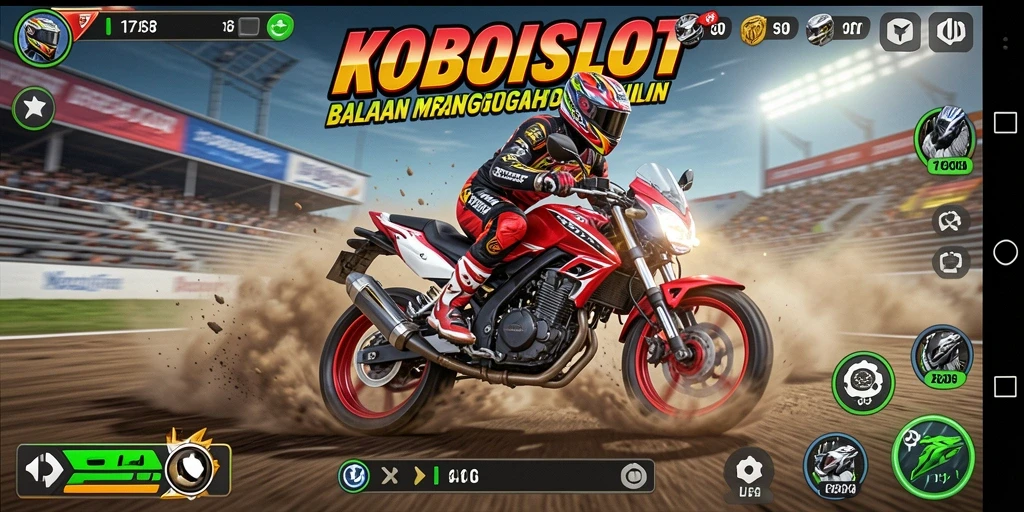 Gameplay menarik dari KOBOISLOT menampilkan balapan motor yang seru dan mendebarkan.