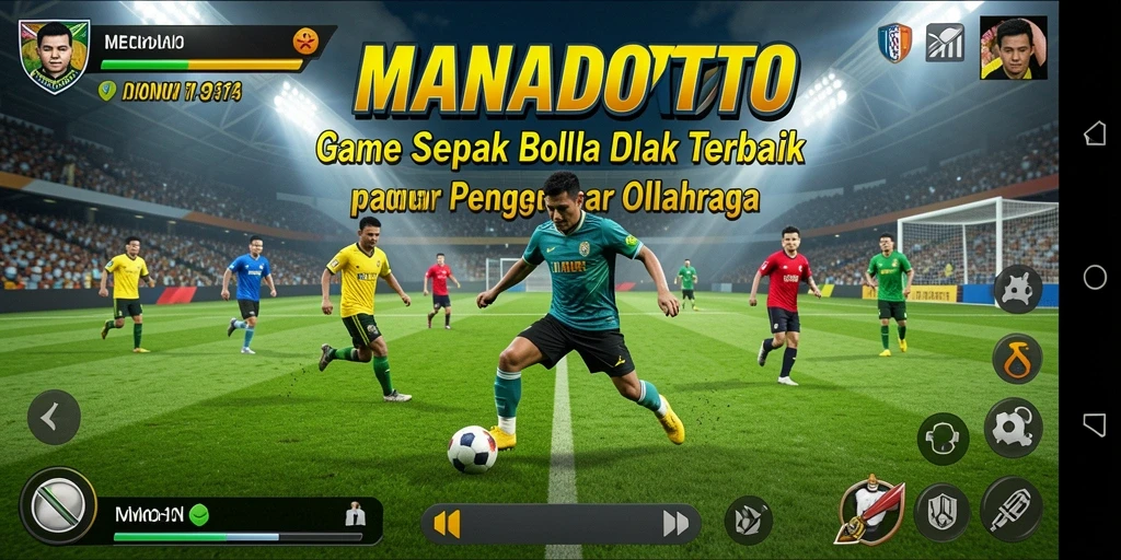 Tampilan gameplay seru di MANADOTOTO dengan aksi sepak bola yang mendebarkan.