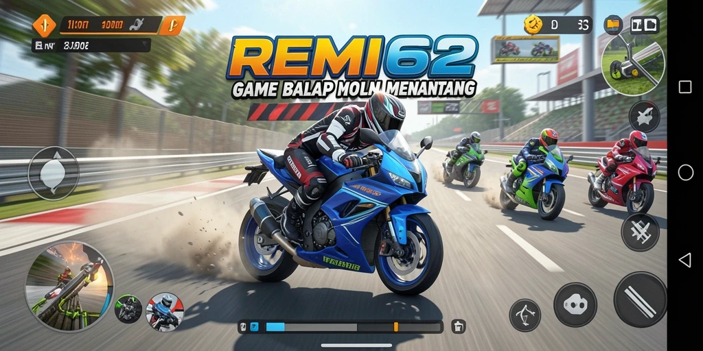 Gambaran gameplay seru di REMI62 dengan balapan motor yang mendebarkan.