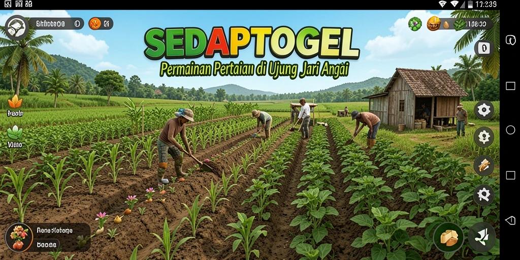 Tampilan gameplay SEDAPTOGEL dengan ladang yang hijau dan beragam tanaman.