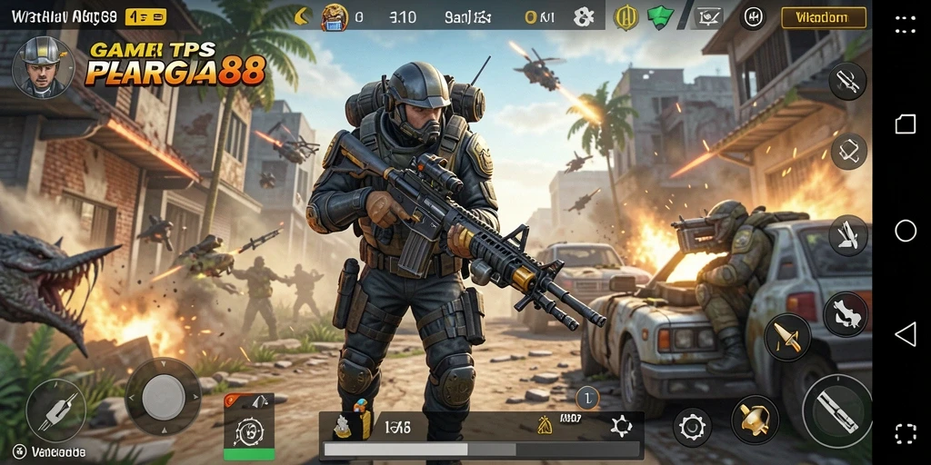 Screenshot gameplay WARGA88 menampilkan aksi menembak yang intens.